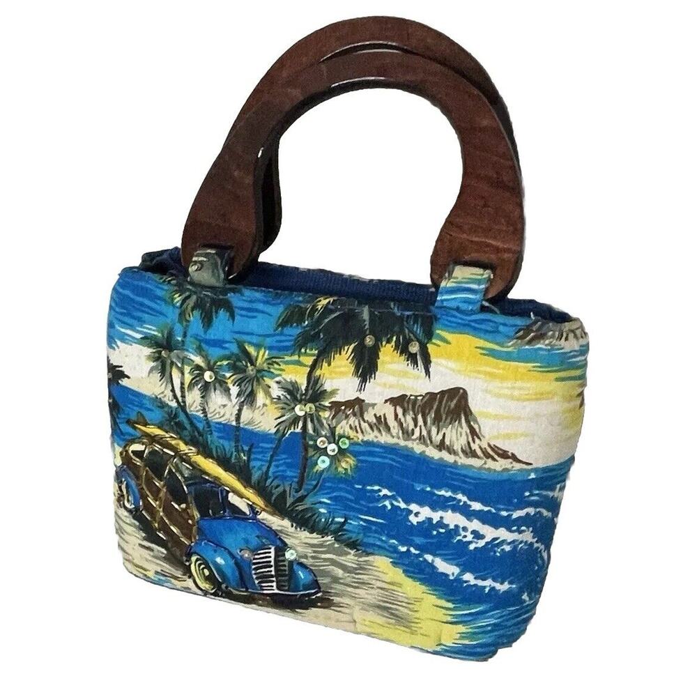 VTG Blue & Yellow Beach Tropical Hawaiian Hand Bag Surf Scene & Wood Handles